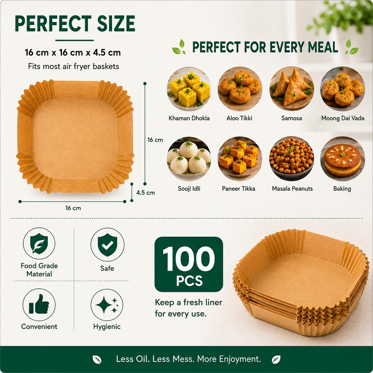 Sileo Paper Sheets 100 PCS | Parchment Paper for Air Frying | Disposable Non Stick Liners | Oil Proof Baking Paper | Reusable Storage Box | 16 x 16 x 4.5 cm