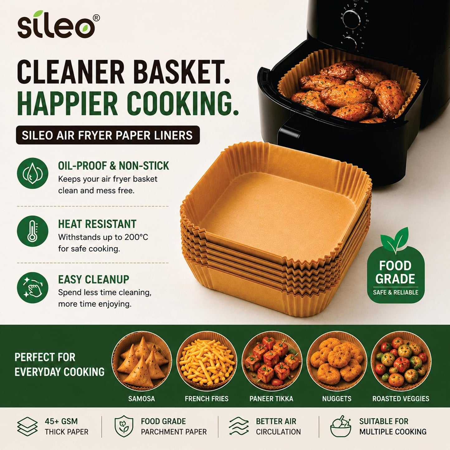 Sileo Paper Sheets 100 PCS | Parchment Paper for Air Frying | Disposable Non Stick Liners | Oil Proof Baking Paper | Reusable Storage Box | 16 x 16 x 4.5 cm
