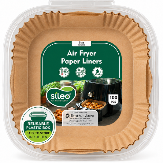 Sileo Paper Sheets 100 PCS | Parchment Paper for Air Frying | Disposable Non Stick Liners | Oil Proof Baking Paper | Reusable Storage Box | 16 x 16 x 4.5 cm